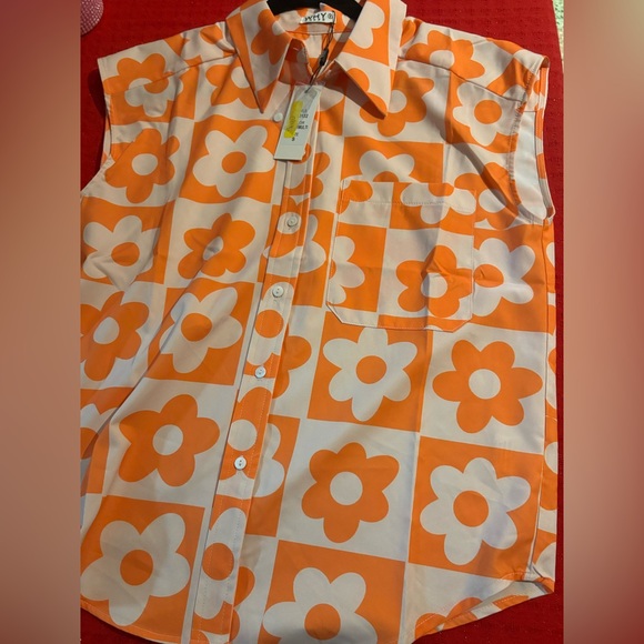 NWT Floral Orange Set. Shirt Buttons Down $ Wide Leg Pant. S, M, L, XL and XXL. - Picture 4 of 16